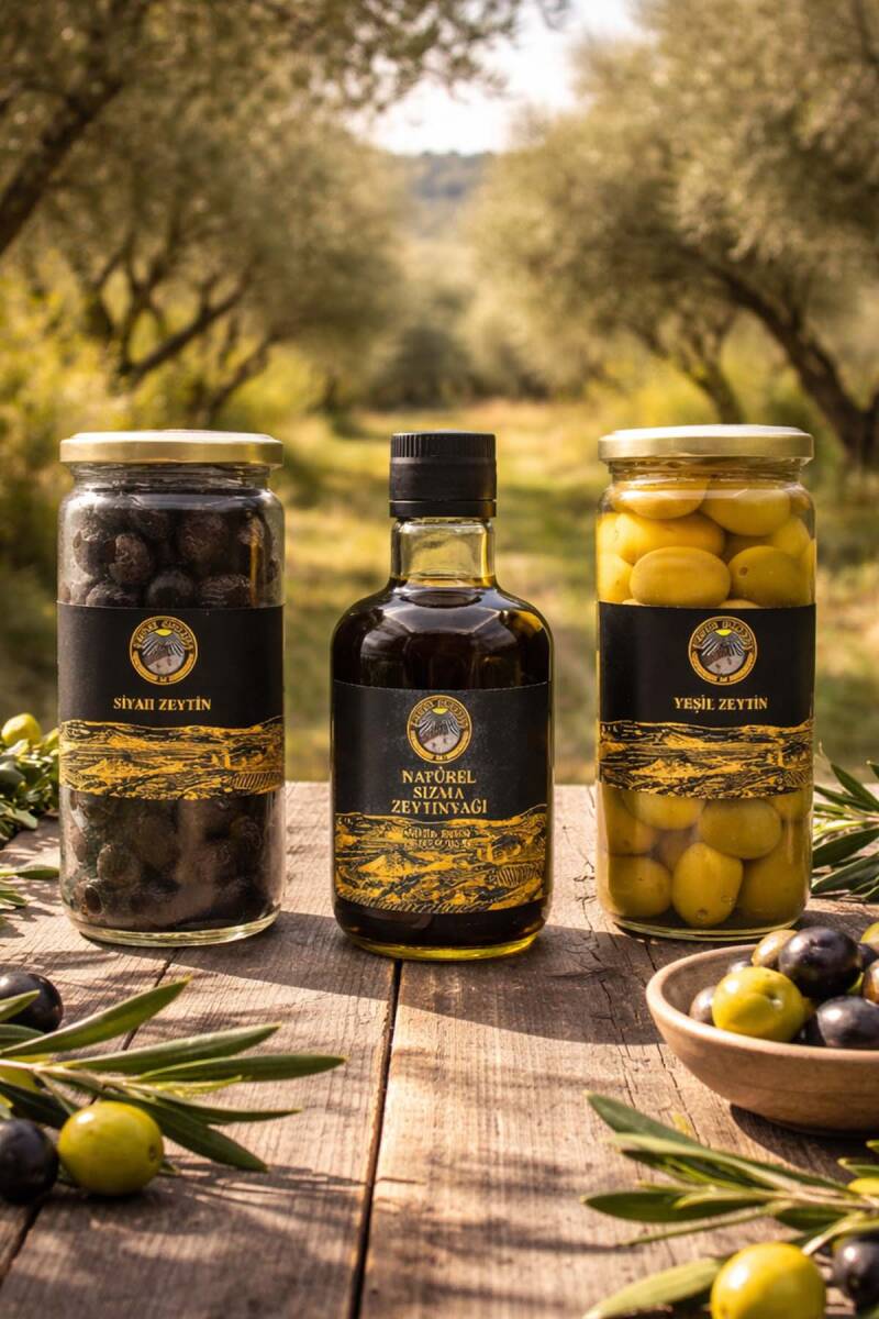 Özel Kutulu Hediyelik 3'lü Set (Zeytinyağ + Siyah Zeytin + Yeşil Zeytin) - 1