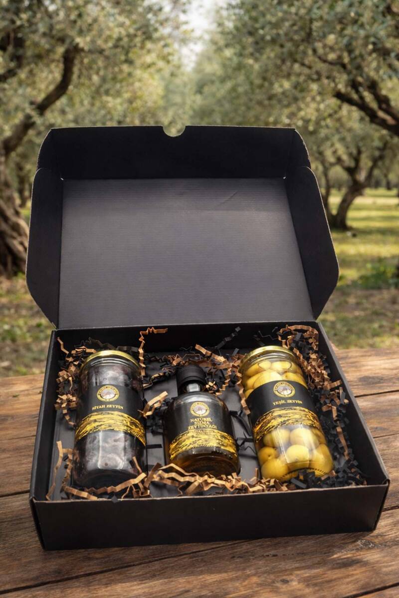 Özel Kutulu Hediyelik 3'lü Set (Zeytinyağ + Siyah Zeytin + Yeşil Zeytin) - 3